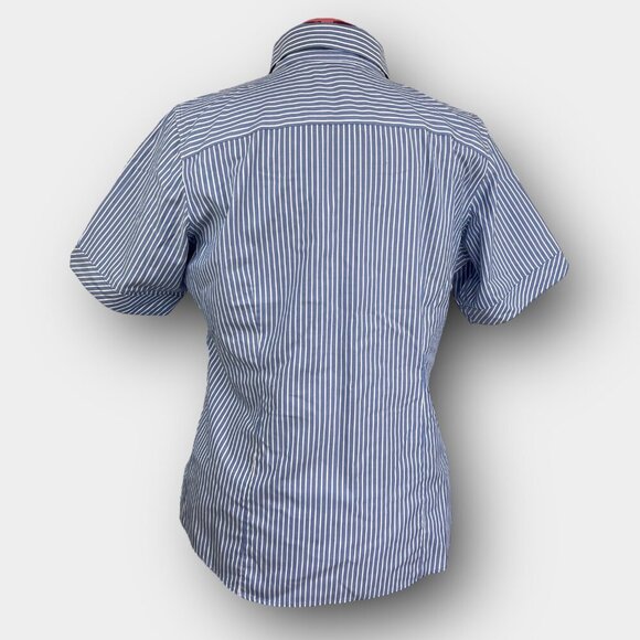 Denver Hayes Pin-Stripe Stretch Blouse XL Blue / White Short-Sleeve Button Front - Picture 3 of 8